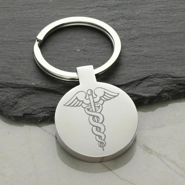 Christopher James of London Mirror Polished Round Medic Aware Keyring With Engraving