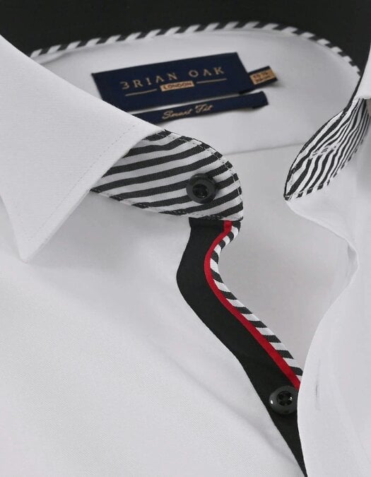White Cotton Twill Formal Shirt with Black Contrast Trim - Men's Smart Shirt