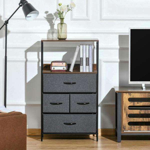 Dyzi 4 Drawer Storage Chest Unit with Shelves Fabric Drawers Black