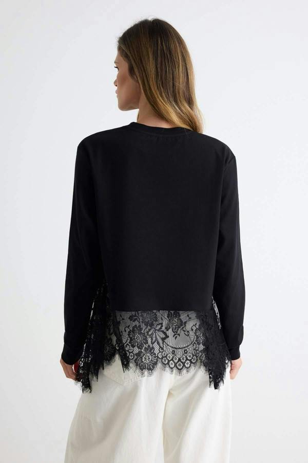Lace Detail Regular Fit Drop Shoulder Long Sleeve Sweatshirt