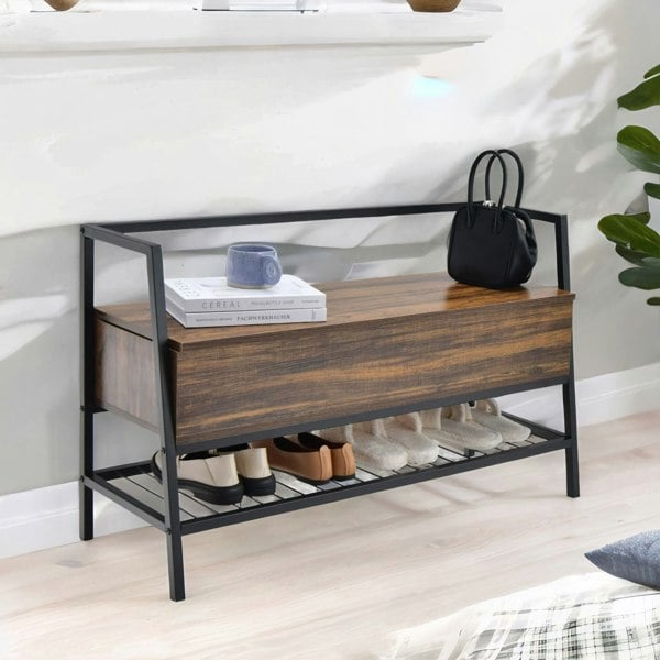 Rafaelo Mobilia Industrial Shoe Storage Bench With Seat & Hidden Storage