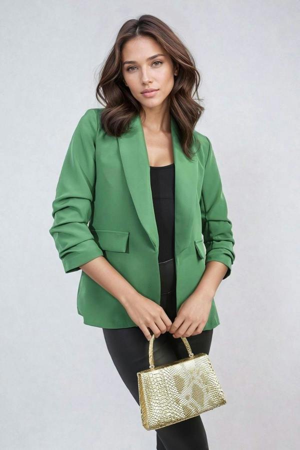 Valerie Ruched Sleeve Open Front Blazer Jacket With Front Pockets - Green