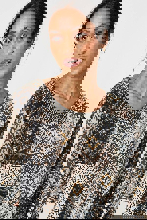 Beige | Patchwork Print Long Sleeve Scoop Neck Tunic
