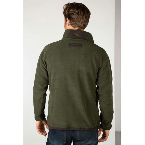 Back view of the Rydale Men's Gransmoor Half Zip Fleece in olive green with contrast trim and high collar.