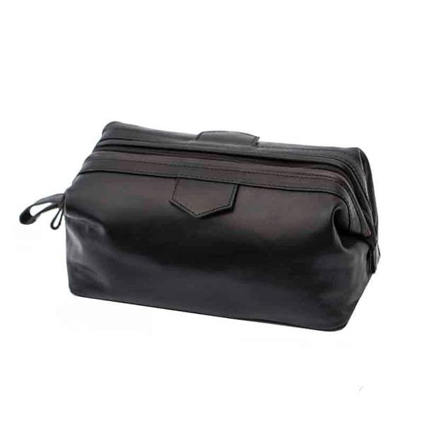 Top view of Black leather washbag on a white background