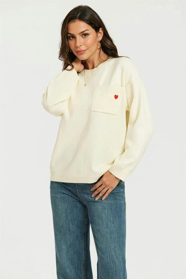 FS Collection Heart Embroidered Knit Jumper Top In Cream