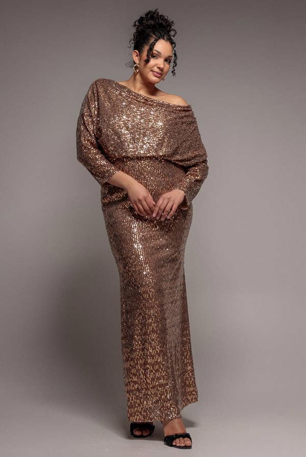 Goddiva Plus Sequin Cowl Maxi Dress - Bronze by Goddiva Plus