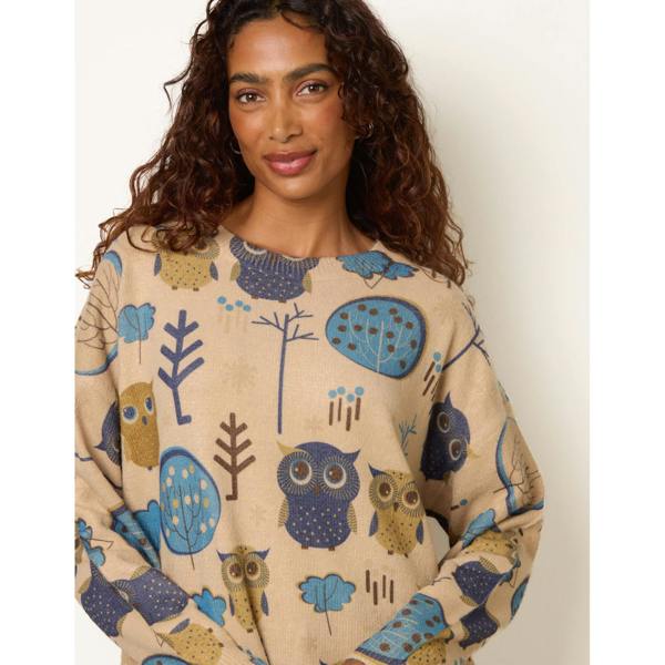 Blue Vanilla Owl & Woodland Tree Print Jumper