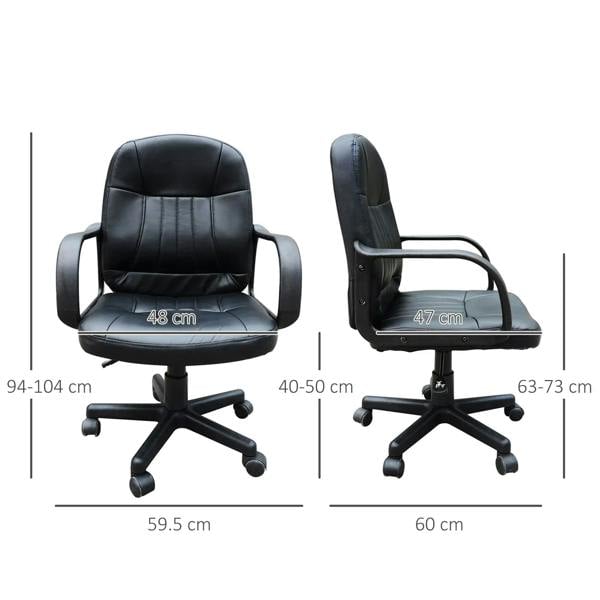 Black PU leather office chair, adjustable height with arms and wheeled swivel base (size view)