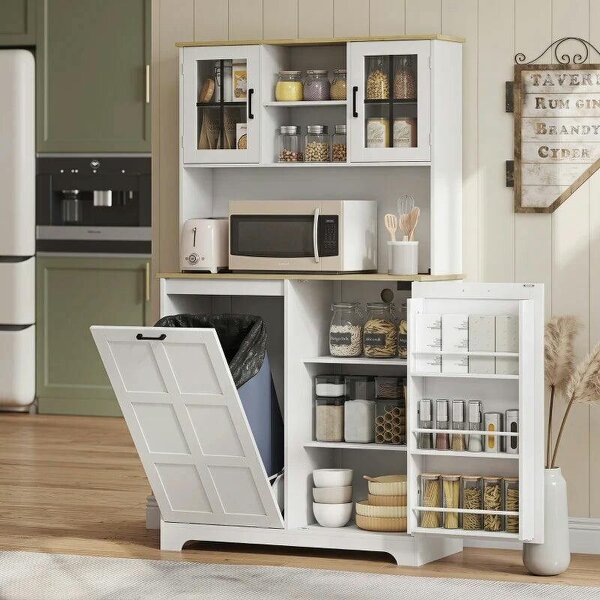 175cm Tall Kitchen Cabinet, Kitchen Cupboard with Rubbish Bin Cabinet, 3 Door Shelves and 2 Acrylic Doors, White - White