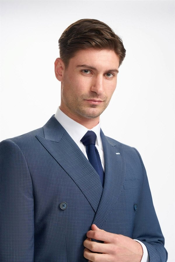 Bond Navy Check Double Breasted Blazer Collar