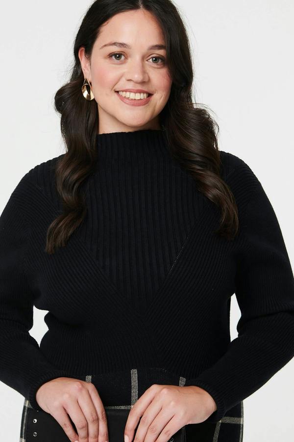 Black | Curve Checked High Neck Knit Midi Dress