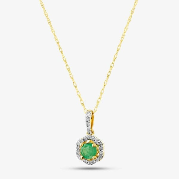 T. H. Baker 9ct Yellow Gold Emerald & 0.09ct Diamond Halo Pendant Necklace OJP1701-E