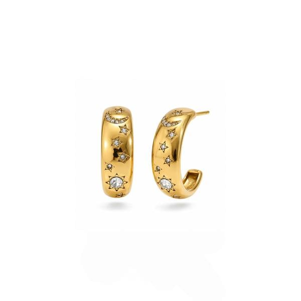 Gold hoop earrings with embedded stones on a white background