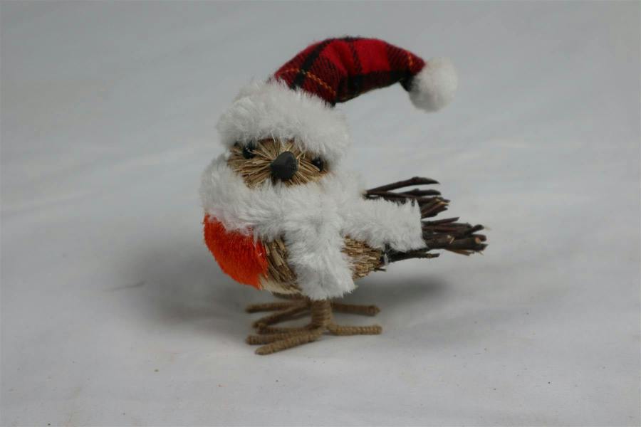 13cm Robin Christmas Tabletop Decoration with Furry Hat and Scarf, Rustic Straw and Jute Finish image 3