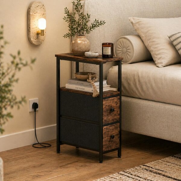 Wyld Haus Suro Wooden Narrow Bedside Table With 2 Drawers And Built In Charging Station