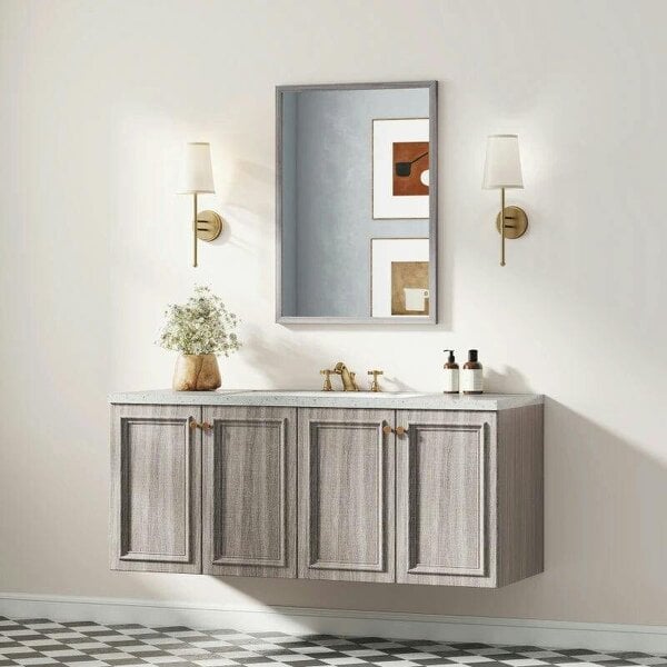 Bobobiy Wall Bathroom Mirror, 50 x 70 cm Wall-Mounted Mirror for Living Room, Bedroom, Hallway, Grey - Grey Wood Grain