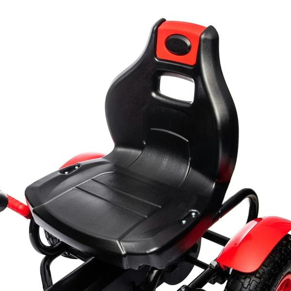 Black padded seat with armrests on red kids pedal go-kart with handlebars