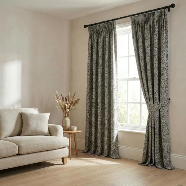 Celeste made-to-measure curtains in Slate, styled in a living room