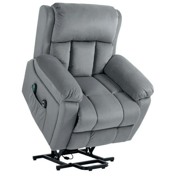Grey padded lift recliner chair with wide armrests and adjustable footrest base