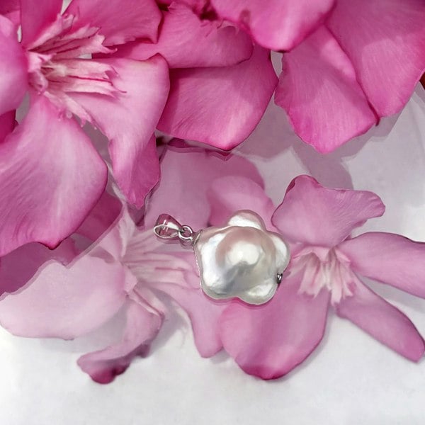 Flower pearl pendant charm by LENAE London, irregular baroque floral pearl.