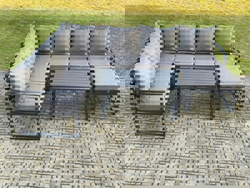 Fimous Aluminium Garden Furniture Set Outdoor Indoor Lounge Corner Sofa Oblong Coffee Table Sets with Big Footstool Dark Grey