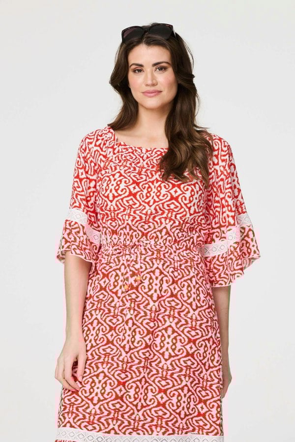 Red | Printed Relaxed Lace Trim Midi Dress