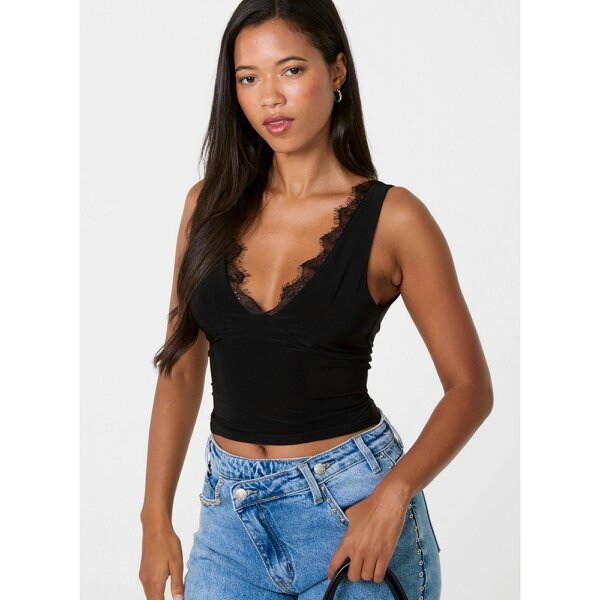 Pink Vanilla Lace Trim V Neck Crop Top