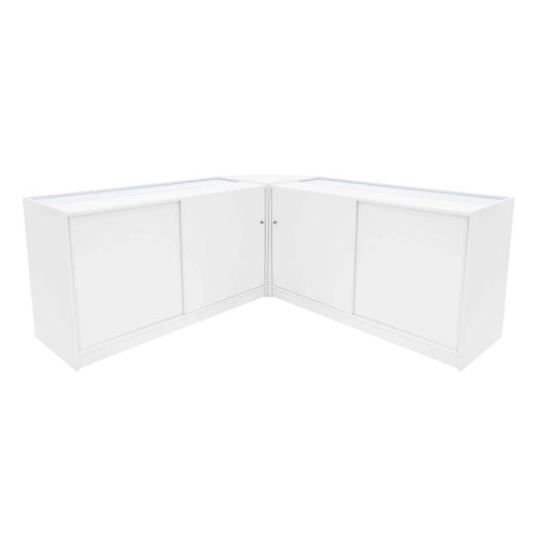 White Adonis LED shop counter set featuring a sleek, modern design with sliding doors and illuminated display surfaces, ideal for retail spaces