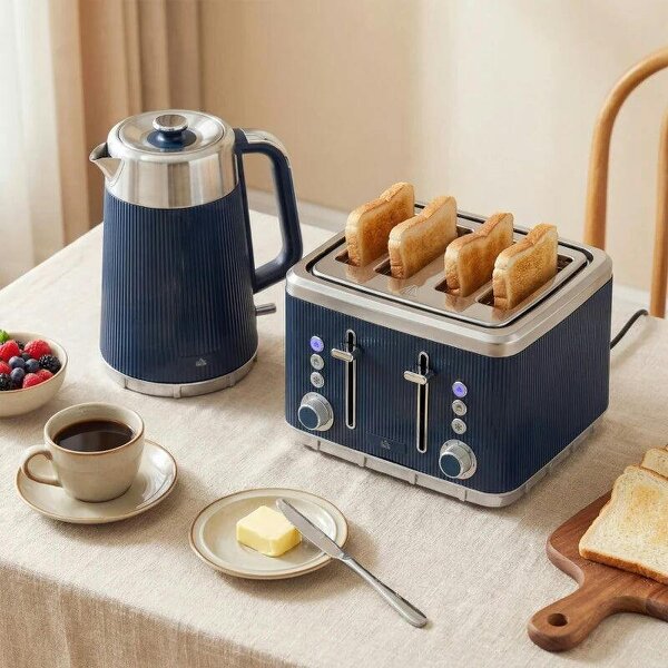 Electric Stainless Steel Kettle and Toaster Set, 3000W 1.7L UK Strix Thermostat Dark Blue - Blue
