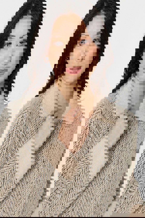 Beige | Chevron Texture Faux Fur Boxy Jacket
