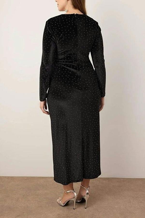 WOVCOR V-Neck Midi Embellished Velvet Knit Plus Size Dress