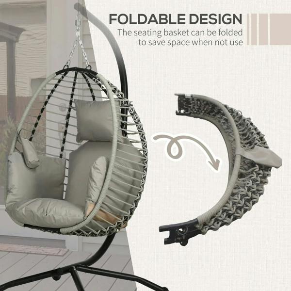 Foldable grey hanging egg chair with woven shell and padded seat and back cushions