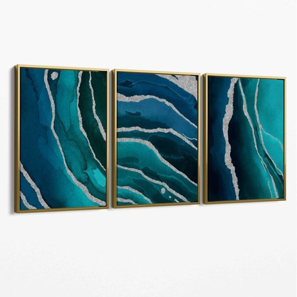Artze Wall Art Set of 3 Teal, Navy Blue and Silver Canvas Art Prints
