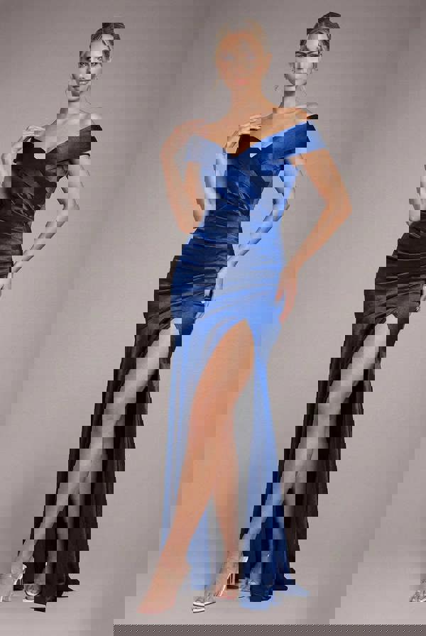 Satin Off Shoulder Pleated Maxi Dress - Navy Blue DR3731