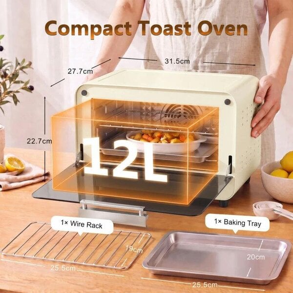 Mini Oven, Small Toaster Oven with Glass Door, Adjustable Temperature and Timer, Accessory Included, 750W, Cream White