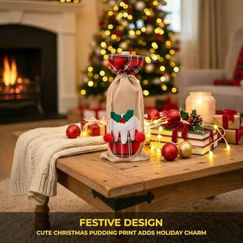 15 x 35 cm Christmas Wine Bottle Cover Bag with Drawstring, Festive Printed Novelty Decoration image 5