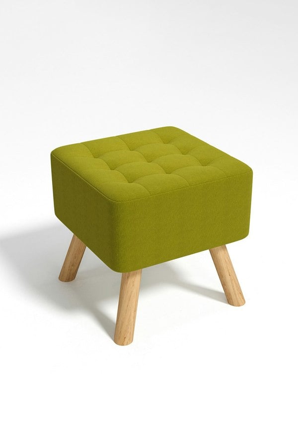 Living and Home Green Linen Padded Wooden Leg Square Footstool