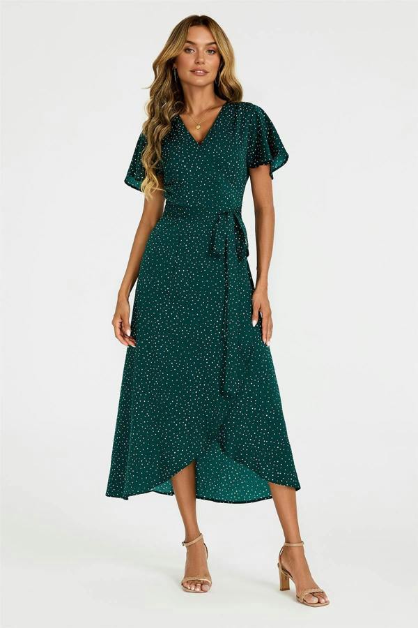 FS Collection Polka Dot Print Wrap Dress In Green