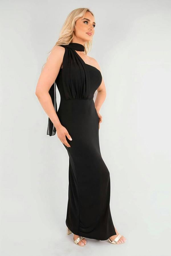 Celeste High Slit Draped Scarf Maxi Dress - Black