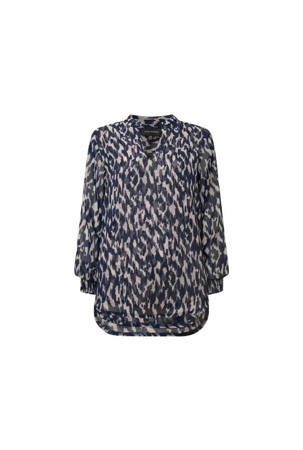 Navy abstract print blouse on invisible mannequin front view relaxed fit long sleeves