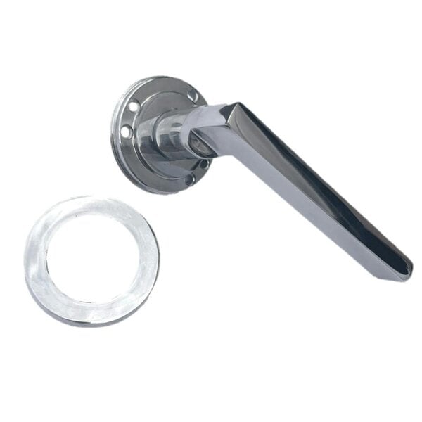 EDH Door Hardware Polished Chrome Modern Lever on Round Rose Door Handles – Handle Only or Handle + Tubular Latch