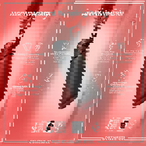 A dark gray, cylindrical water bottle is being held. Its features include a hidden handle, a hygiene cover, and a wide mouth. The background is a coral pink. The bottle is described as an award-winning design.