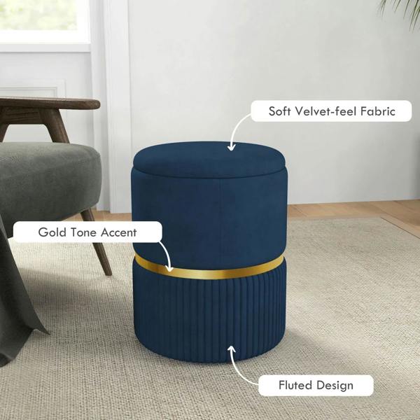 Dark blue round storage ottoman with soft velvet-feel top, gold accent band, fluted design