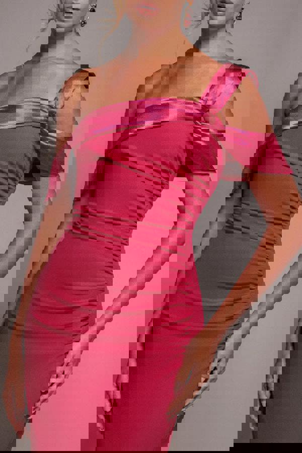 One Shoulder Satin Band Bodycon Midi Dress - Magenta DR3483