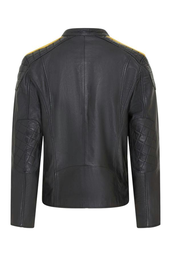 Infinity Leather Men's Classic Quilted Black Yellow Leather Biker Jacket - Meridian