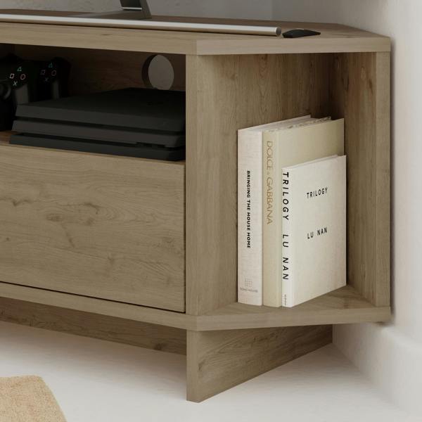 Decortie Modern Viva Corner TV Unit Shelf up to 36 Inch TVs Push to Open Storage Cabinet, 3 Open Shelf Media Centre 95.7(W)cm