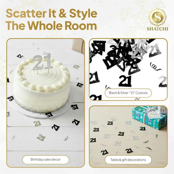 21st Birthday Black and Silver Confetti Decoration Set, Foil Metallic Table Scatter in 1, 2 or 4 Pack Options image 4
