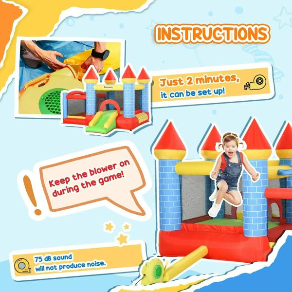 Kids inflatable bounce castle with blower and instructions accessories, multi-color