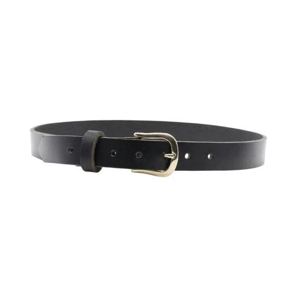 Full width view of Black leather belt with a gold buckle on a white background